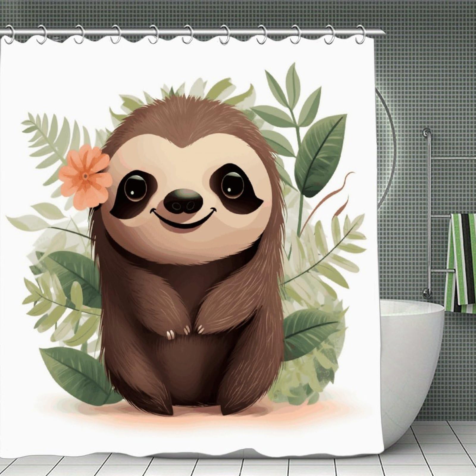 VstaDank Cute Cartoon Sloth Shower Curtain Waterproof Bathroom Curtain with Hooks Luxury Weighted Bath Curtains for Bathtubs Showers Room Dividers Decorative Shower Curtains 71x71 in