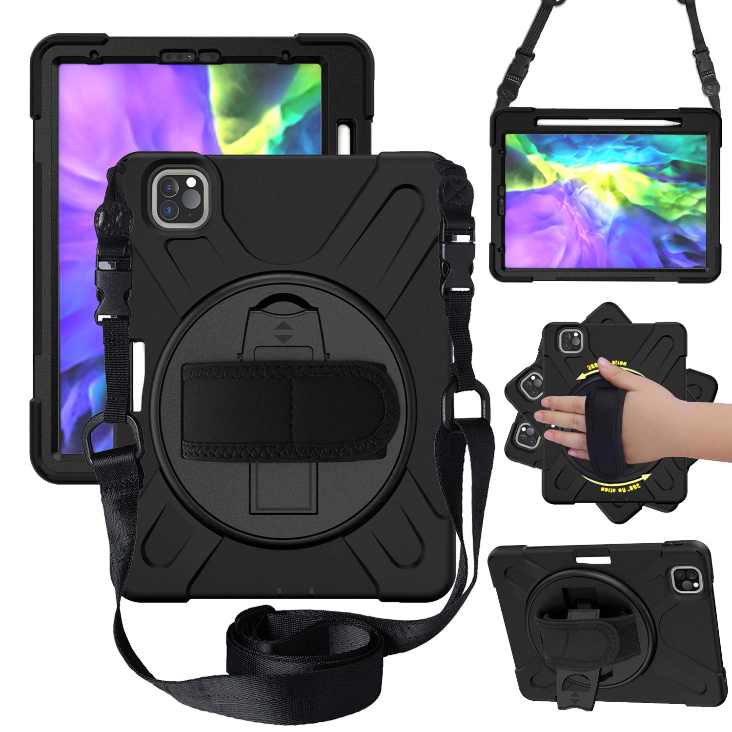 iPad Pro 11 Case 2020 2nd Generation & 2018 with Pencil Holder, Heavy Duty Shockproof Protective Case with Hand Strap, Shoulder Strap and Kickstand, Black