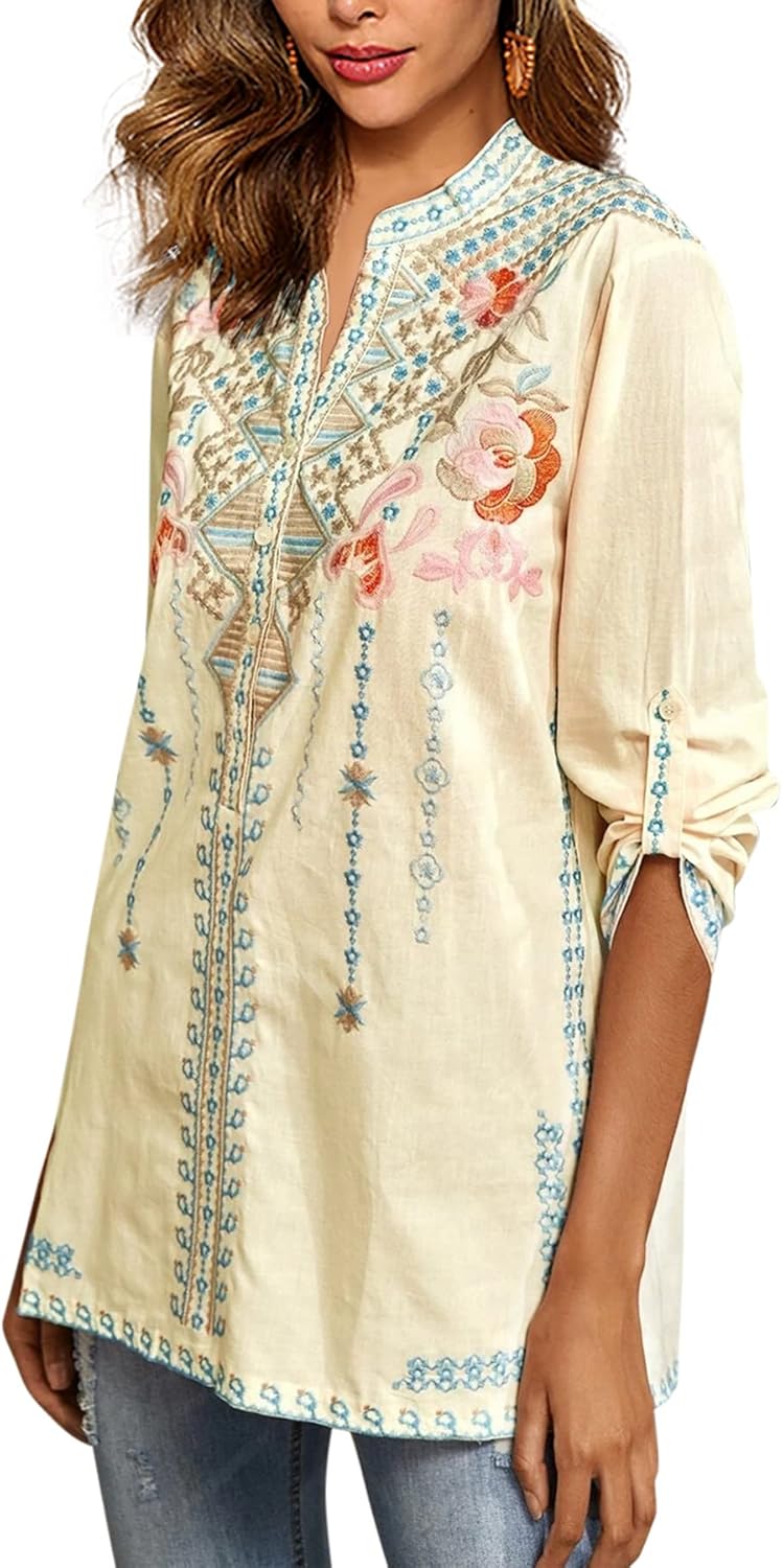 AK Women's Embroidered Tops Mexican Shirt V Neck Summer Casual Tops Peasant Tunic Loose Blouse - Image 4