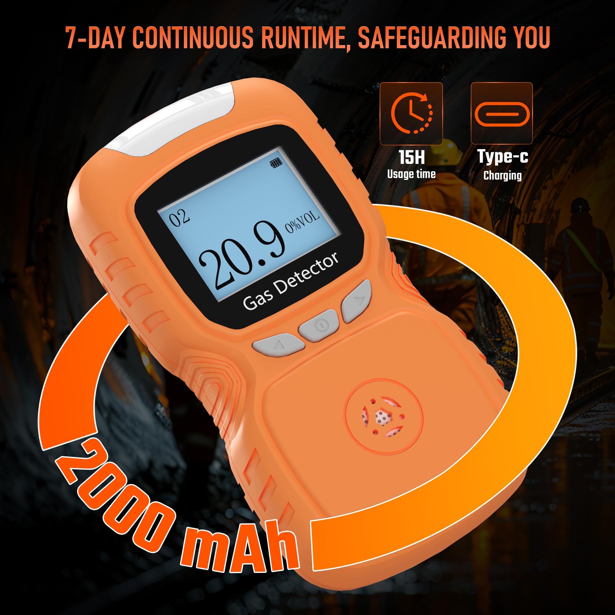 Detector de oxígeno portátil, monitor de gas 0-30% VOL O2, respuesta rápida de 0,5 s, medidor de oxígeno recargable con alarmas de vibración, luz y sonido, a prueba de polvo y explosiones (naranja)