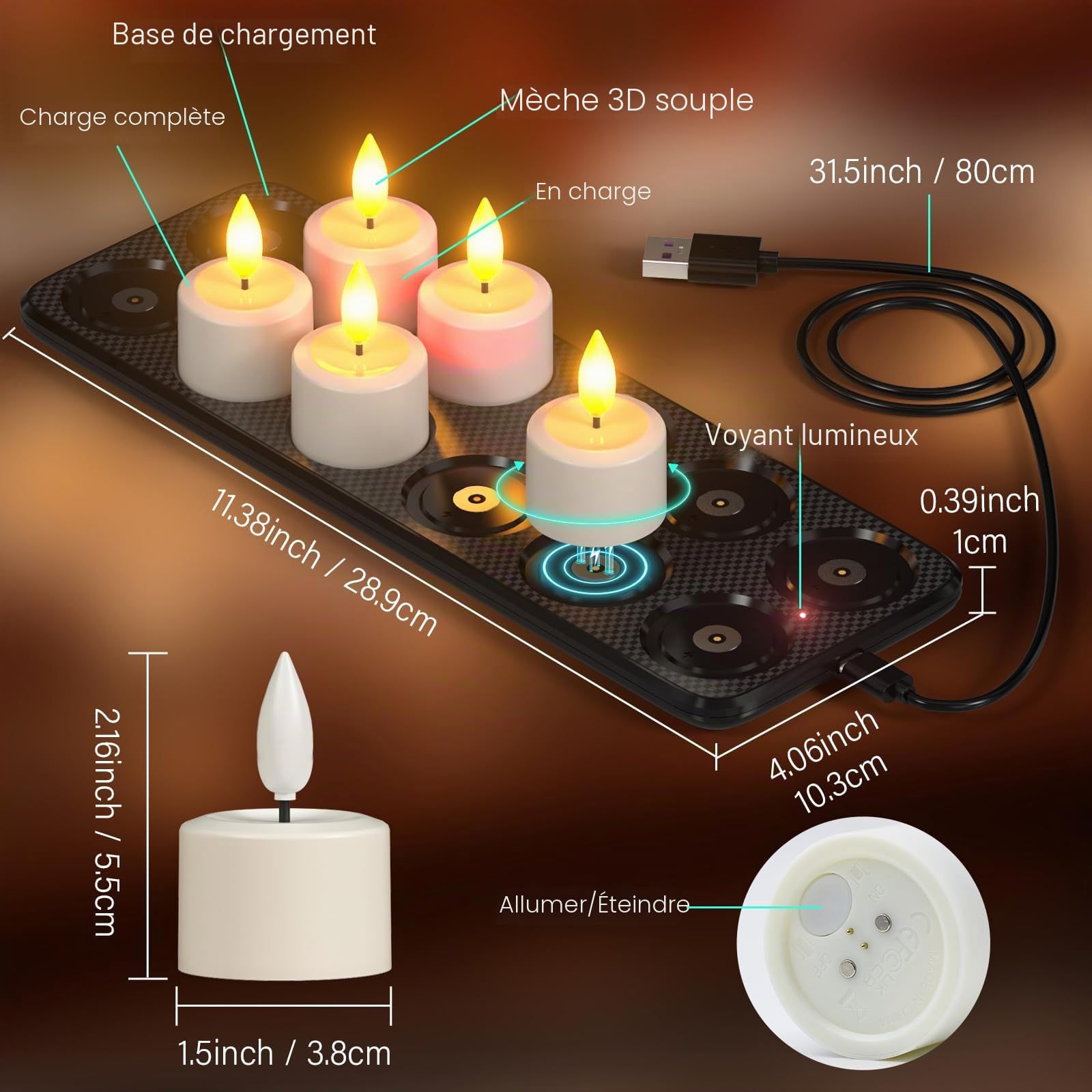 SoulBay Bougies LED Chauffe-plat Rechargeables Flamme Vacillante étanches avec Télécommande et Station de Charge, Lot de 12 Fausse Bougie our Salle de Bain, Maison, décoration d'Halloween et de Noël