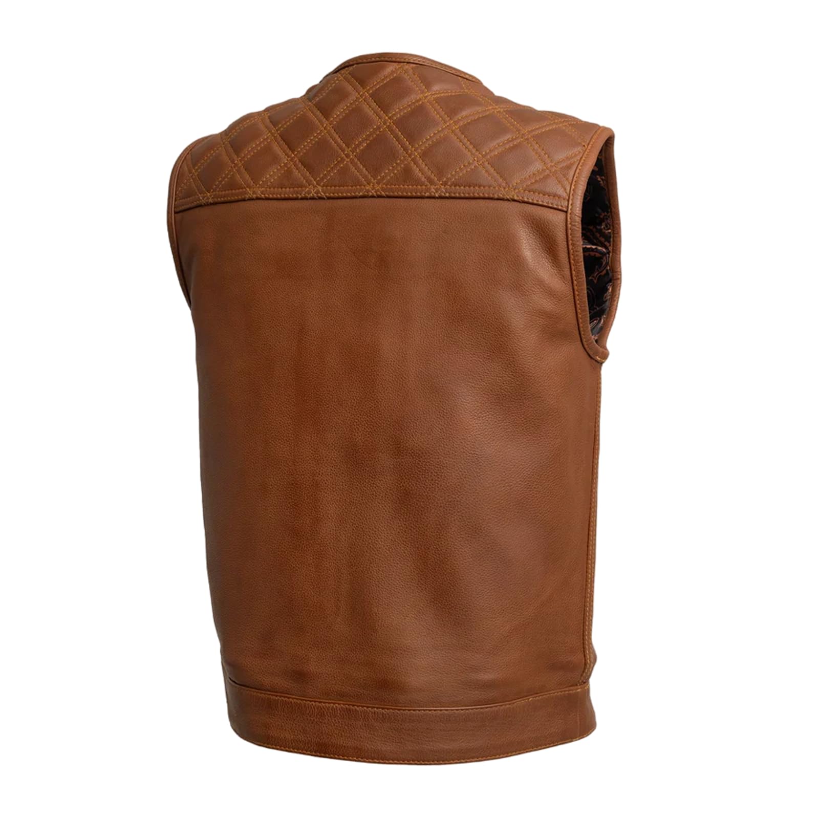 First Mfg Co Dust Devil Leather Motorcycle Vest for Men Club style Biker Armored Vest in Double diamond Stitching, Bandana Lining w/panels for patches Brown Size 2XL