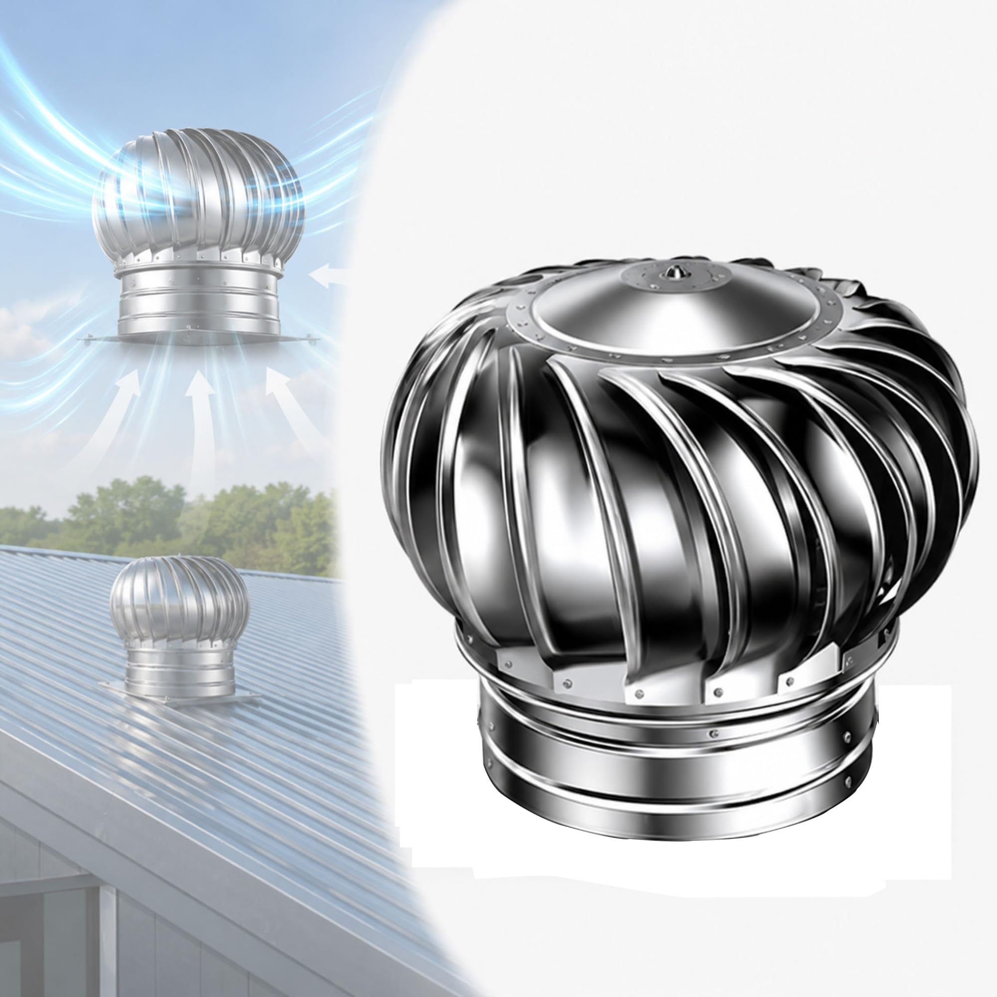 Turbine de ventilation toit inox 304, fonctionnement sans moteur