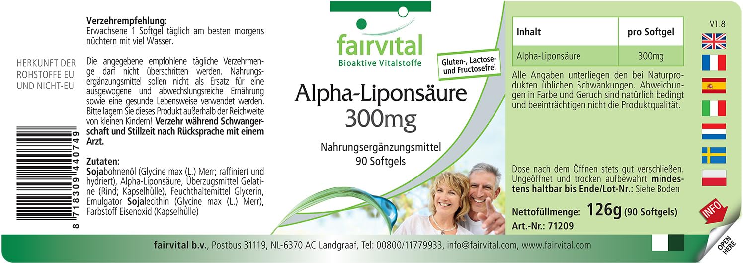 fairvital Alpha Liponsäure Kapseln 300mg (Alpha-lipoic acid, ALA), für 3 Monate, HOCHDOSIERT, 90 Softgels