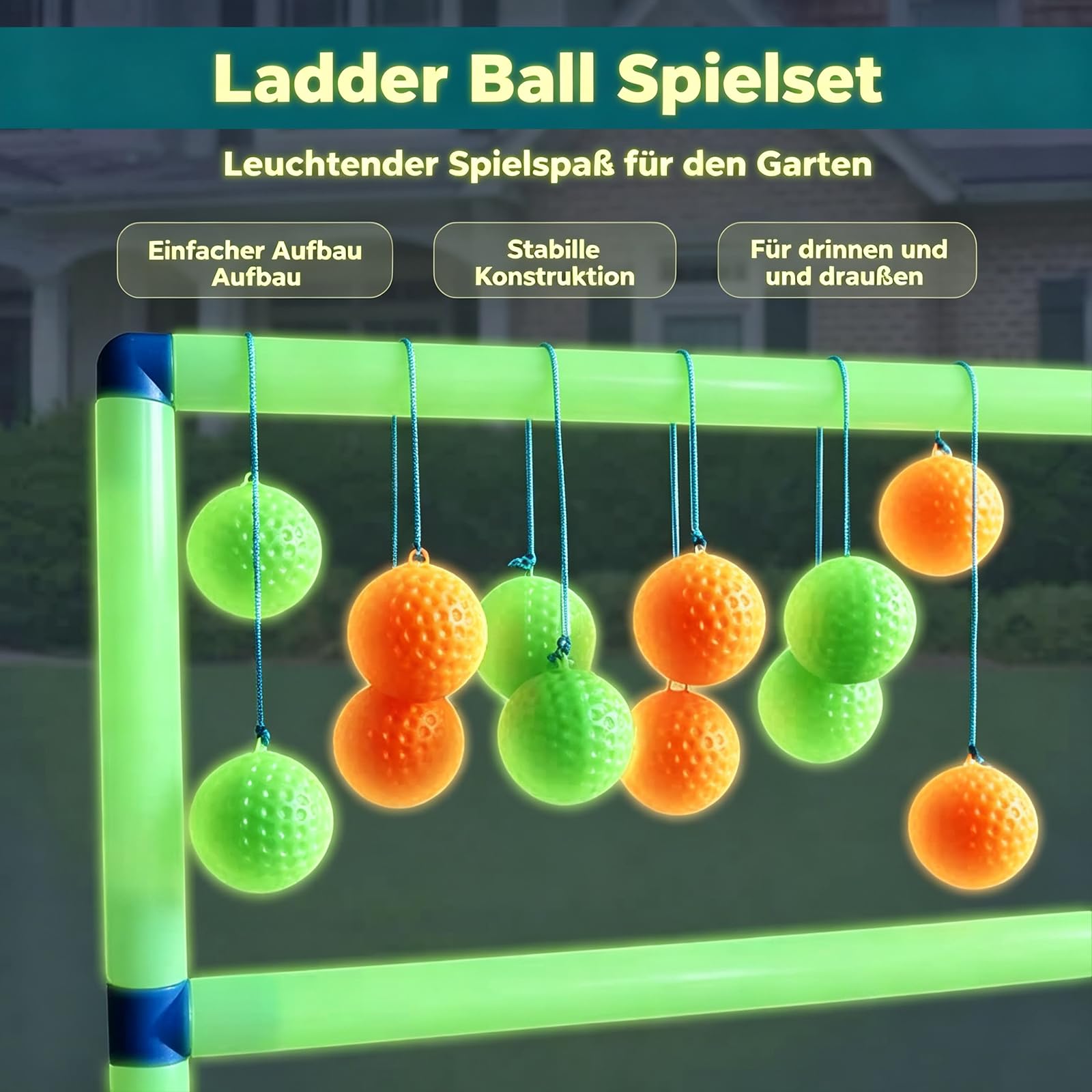 Leitergolf Outdoor mit Nachtleucht-Effekt – Modernes Wurfspiel Gartenspiel mit Bolas, Geschicklichkeitsspiel für Garten, Camping, Terrasse und Party