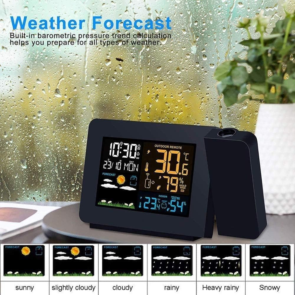 Sveglia Con Proiezione - Proiettore Orologio Digitale A Soffitto - Con Display Della Temperatura Interna/esterna - Doppia Sveglia - Retroilluminazione A Colori - Previsioni Meteo