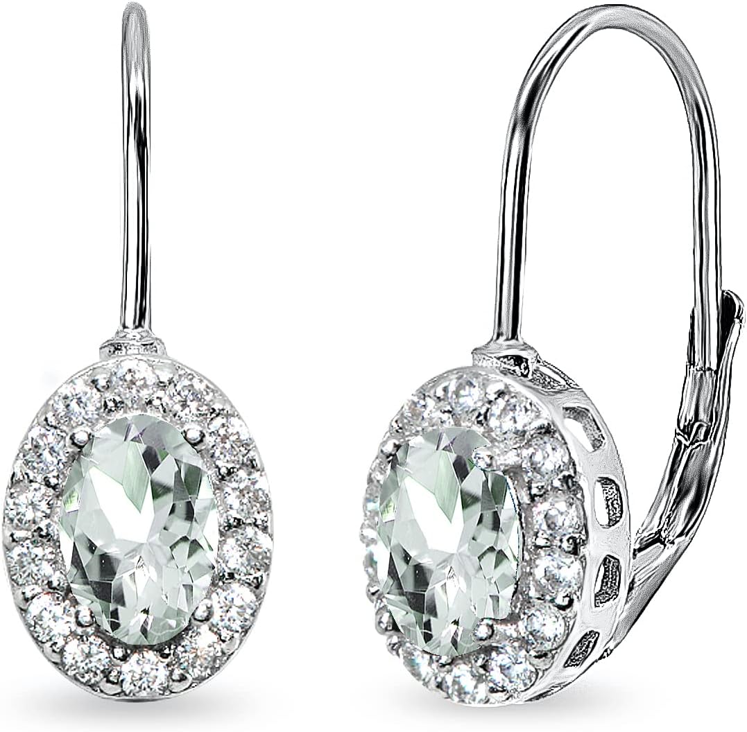Sterling Silver Genuine or Synthetic Gemstone 6x4mm Oval Halo Leverback Drop Earrings for Women