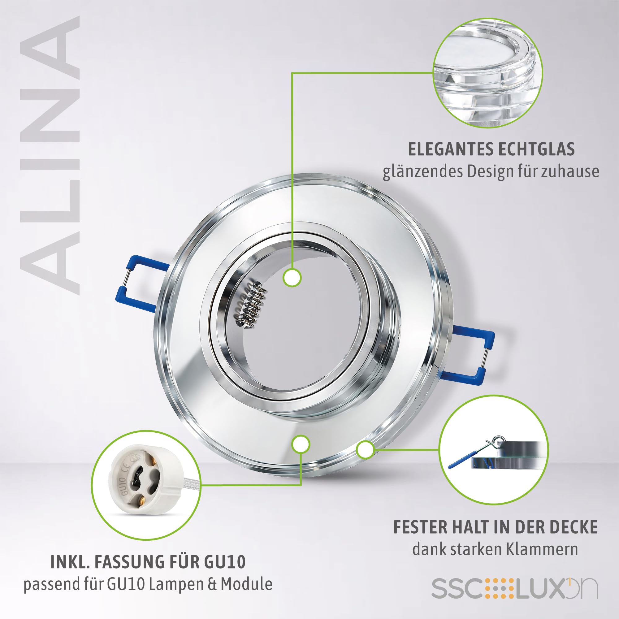 SSC-LUXon Reflektor sufitowy GU10 z okrągłego szkła, zestaw 6 reflektorów sufitowych GU10, kompatybilny z modułem LED, cięcie 60-70 mm, salon i biuro