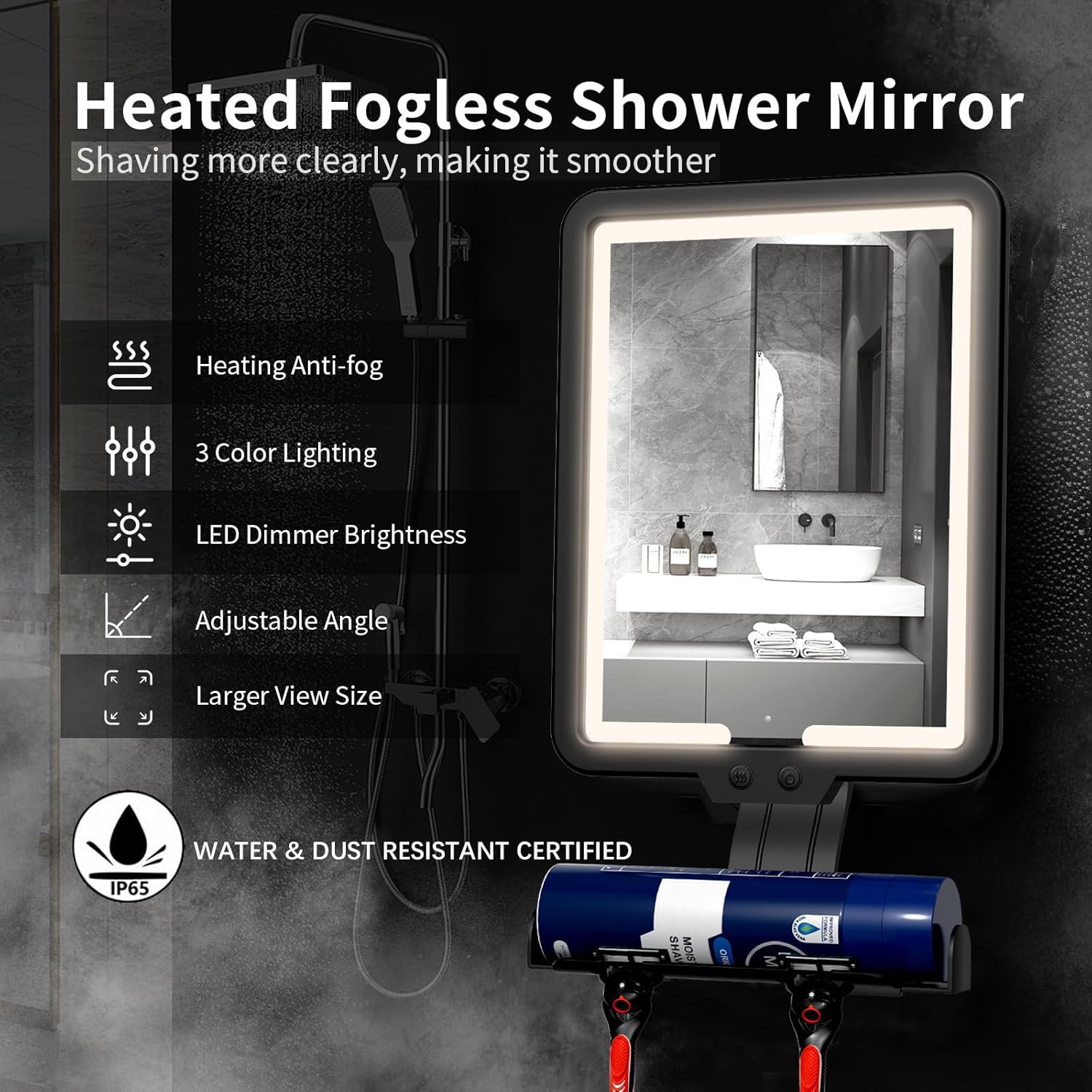 Shower Mirror Fogless for Shaving,Quick Anti Fog Mirror for Shower with Light, 3-Color Led Light Bathroom Mirror with Strong Adhesive Backing, Dimmable Brightness Makeup Mirrors for Wall