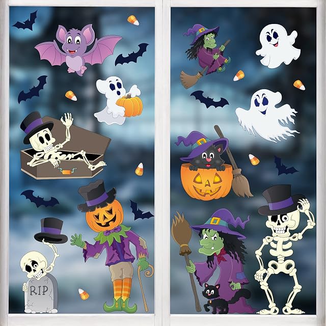LOKIPA Halloween Window Clings Decals Decorations ,8 Sheets Pumpkin Spider Bat Ghost Witch Window Stickers for Halloween Windows Glass Decorations