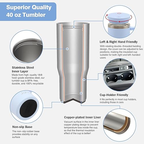 Miniatura 5 de Vaso de 40 onzas con asa y tapa con pajilla, vasos de acero inoxidable con popote, botella de agua aislada, taza de viaje, taza de café a prueba de