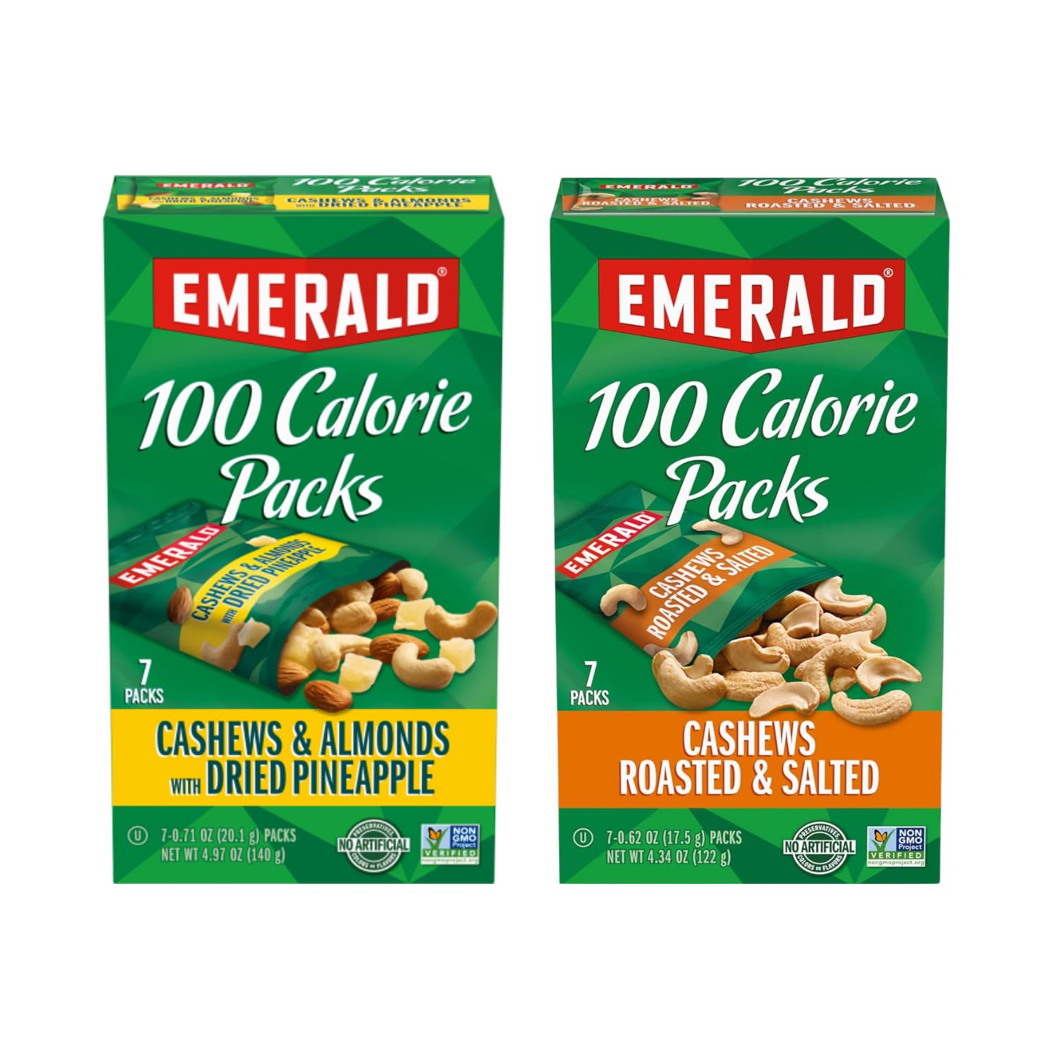 Emerald Nuts Combo (Variety Pack) Featuring Cashew, Almond and Dried Pineapple & Cashews | Contains 14 Single Serving 100-Calorie Snack Packs| Kosher Certified, Non-GMO, Contains No Synthetic Colors