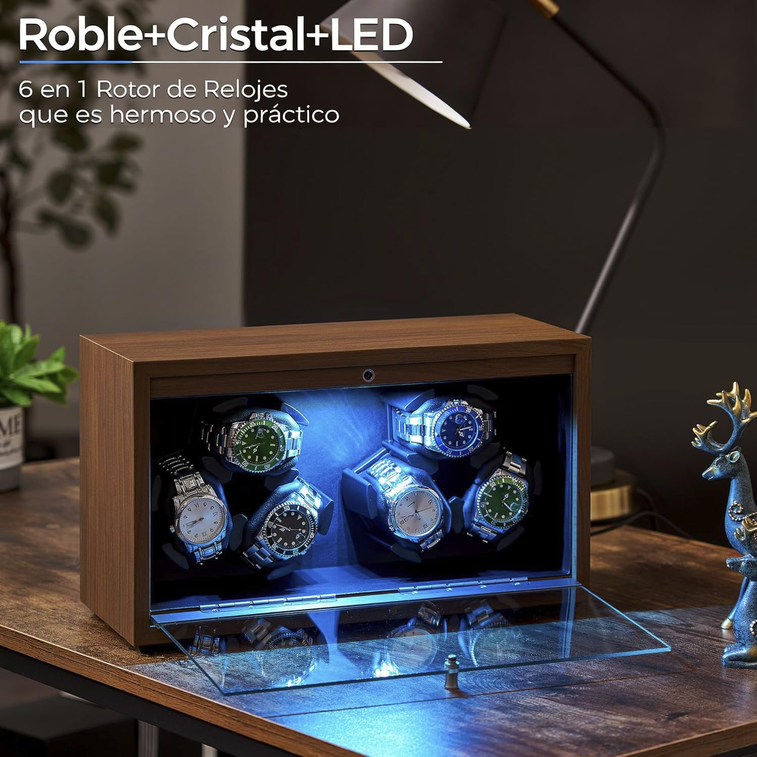 ANWBROAD Caja enrolladora de relojes Caja giratoria para 6 relojes con LED y Motor rotador Mabuchi supersilencioso 4 modos de rotación giratoria de regalo JWW003A
