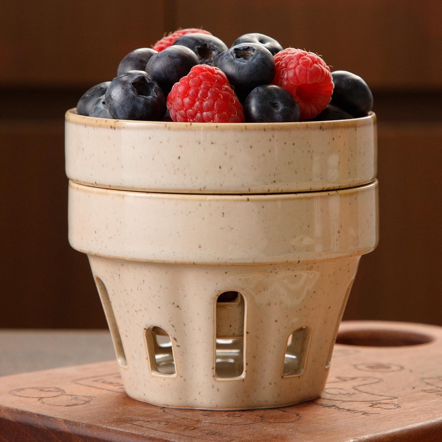 Ceramic Berry Basket Set of 2, Small Kitchen Fruit Basket with Drain Holes