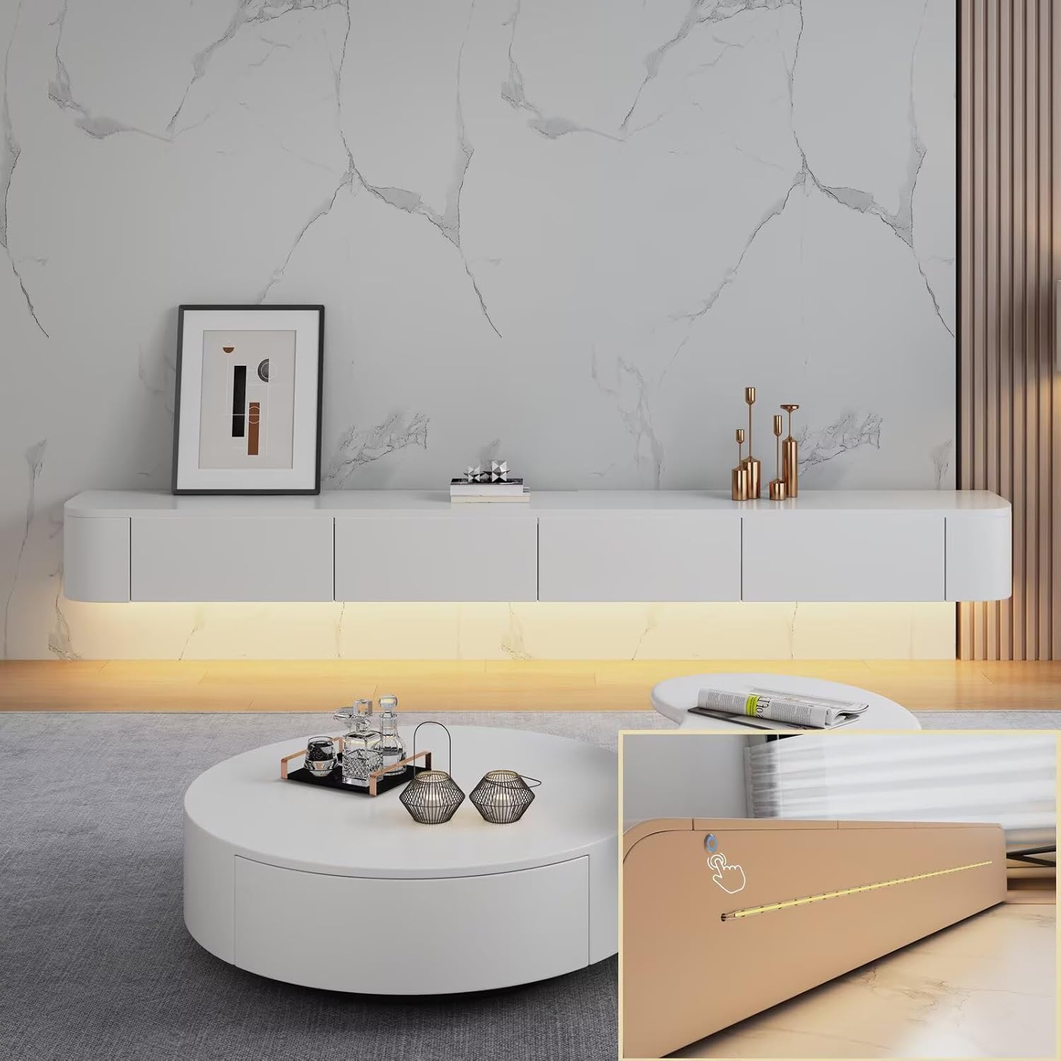 Floating TV Stand with Drawers, Pre-Assembled Wall Mounted TV Console, Modern Floating Media Console for Living Room, Space-Saving Floating TV Cabinet (White, 86.6in/220cm)