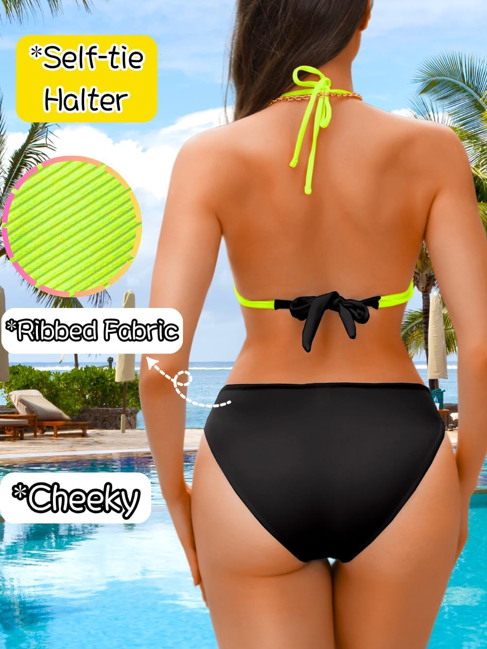 Women Sexy Ribbed Color Block Bikini Sets, Halter Triangle Two Piece Swimsuit, Cut Out Low Rise Cheeky Bathing Suit - Image 3