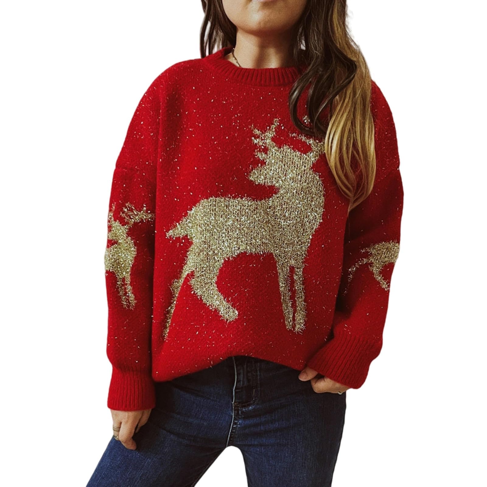 Maglione Donna Invernale Maglione Natalizio Femminile Filo in Oro Maglione Maglione A Maglia Lunghe A Maglione Lungo Il Maglione Pullover Rotondo-Rosso-L