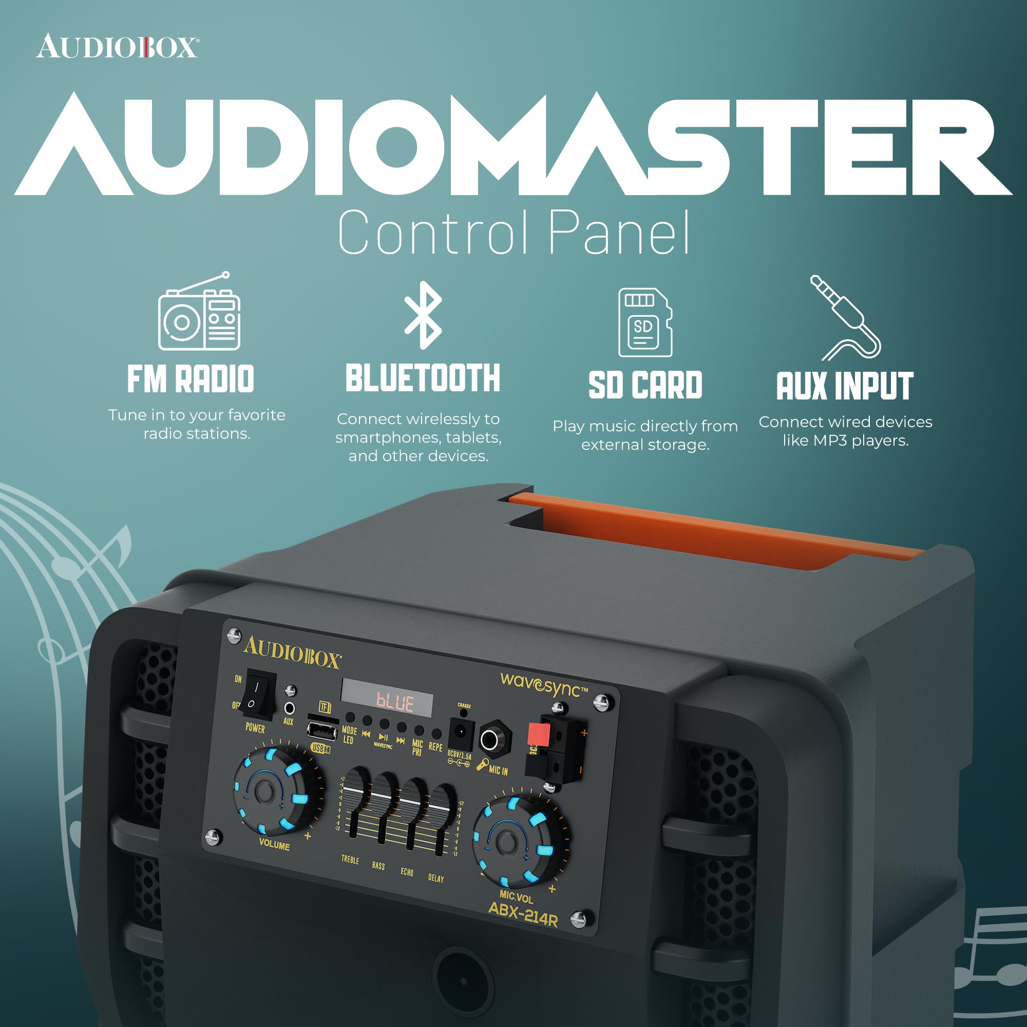 Audiobox ABX-214R Dual 30,5 cm tragbarer Bluetooth-Lautsprecher, leicht, aber laut mit BASS, RGB-Partylichtern, kabellosem Mikrofon, Lautstärke, Höhen und Bassreglern, 94 cm hoch