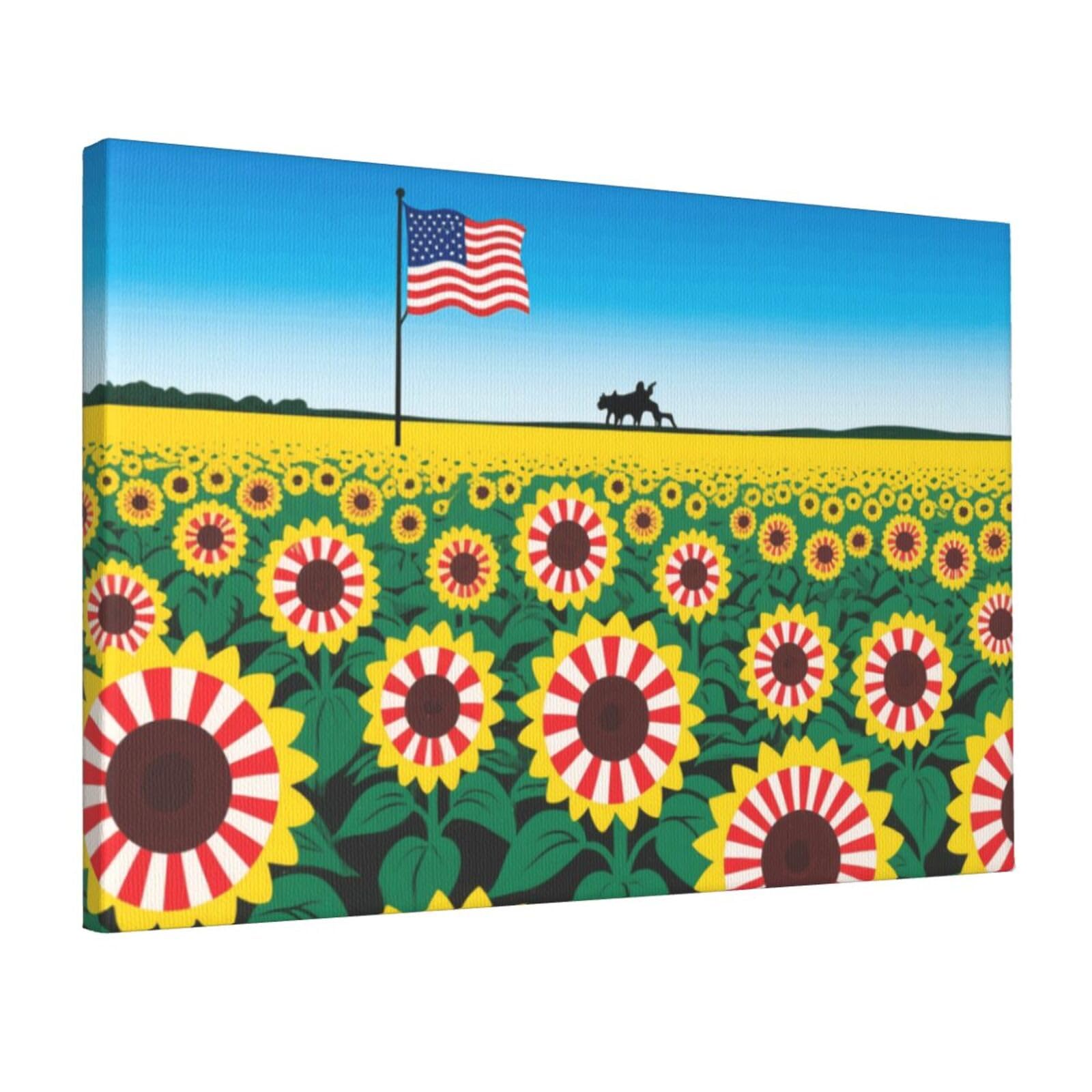 Fodpand American-Sunflower Us-Flag Stripes Unframed Canvas Wall Art,Modern Posters Print Wall Decor Canvas Oil Painting For Bedroom Living Room Bathroom Wall Hanging Artwork Ready To Hang 12"X18"