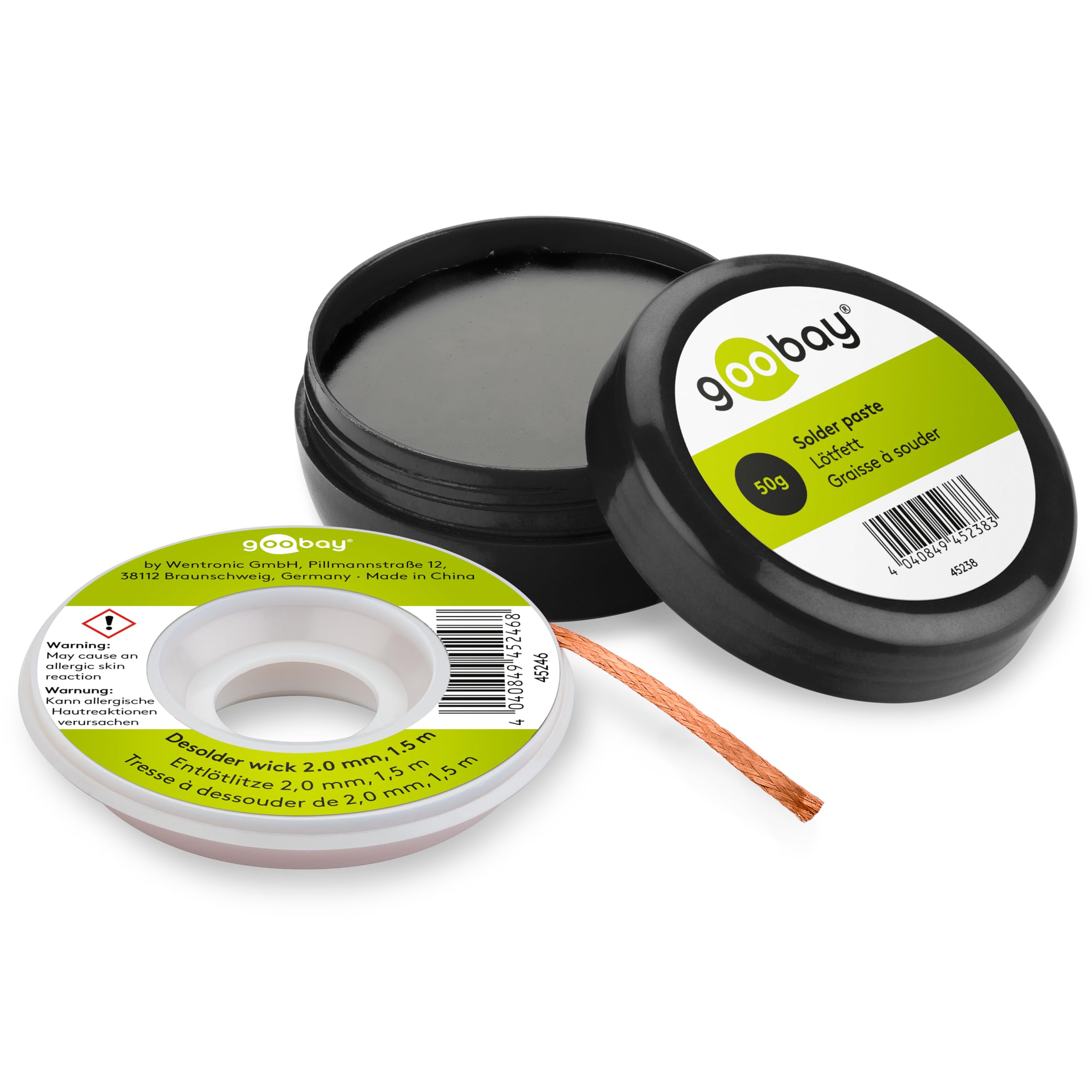 goobay 74096 Odlutowywanie 2 mm czysta miedź 50 g/drut rozlutowujący do usuwania cyny lutowniczej/idealne przewodnictwo cieplne przewód lutowniczy 1,5 m + pasta lutownicza/do elektrycznych połączeń