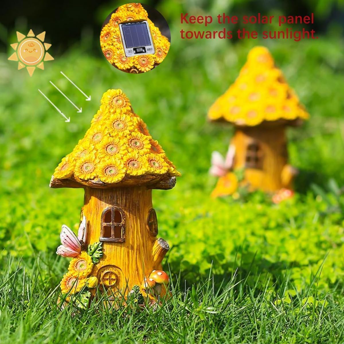 Fairy Garden Statues,Fairy Garden House with Solar Powerd Night Light,Yard Decorations Outdoor Fairy Garden Accessories Decor for Outside (Flower-Mushroom) image 2