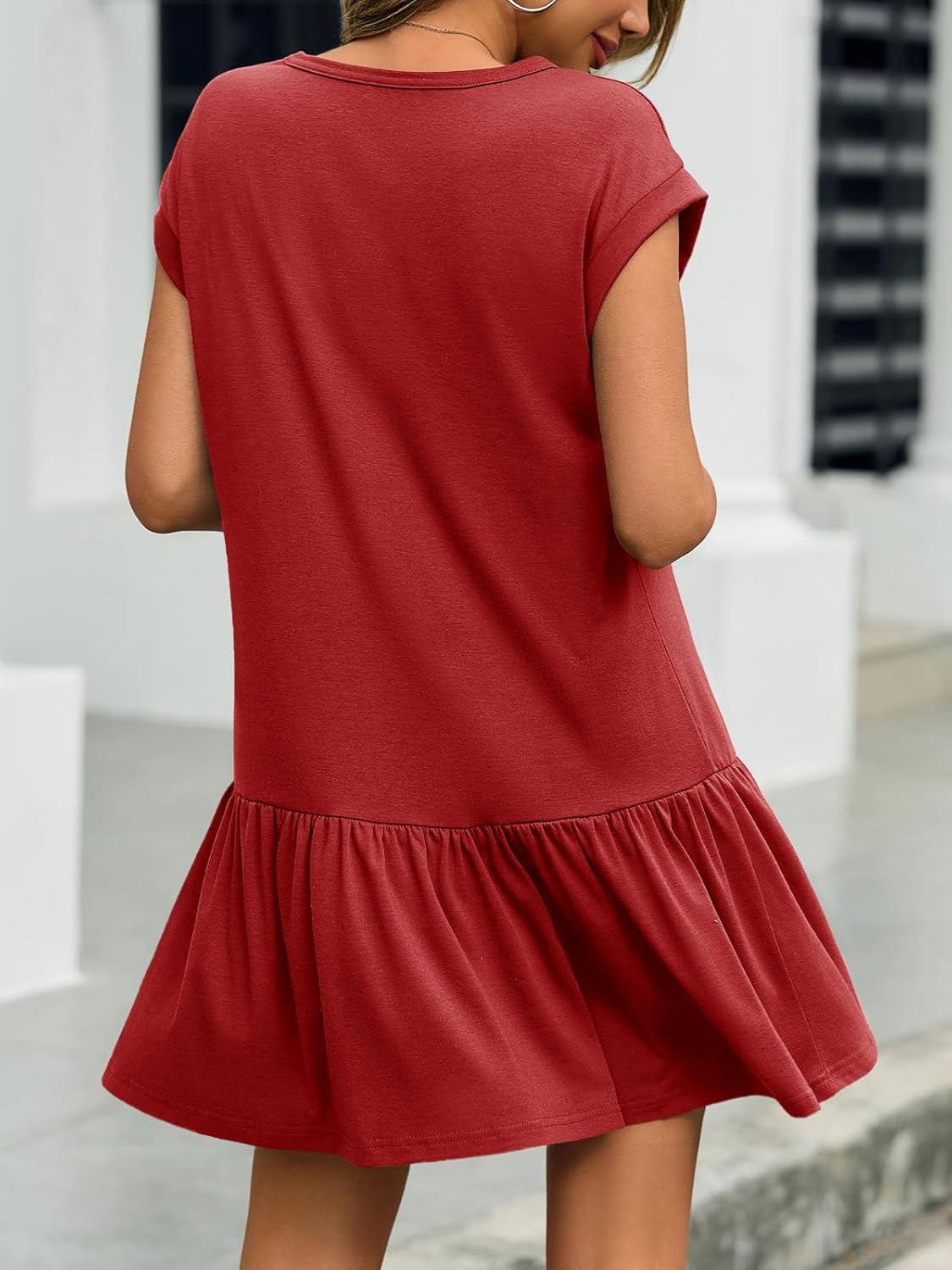 Wenrine Womens Summer T Shirt Dress Casual Short Cap Sleeve Ruffle Hem Crewneck Loose Mini Dresses - Image 4