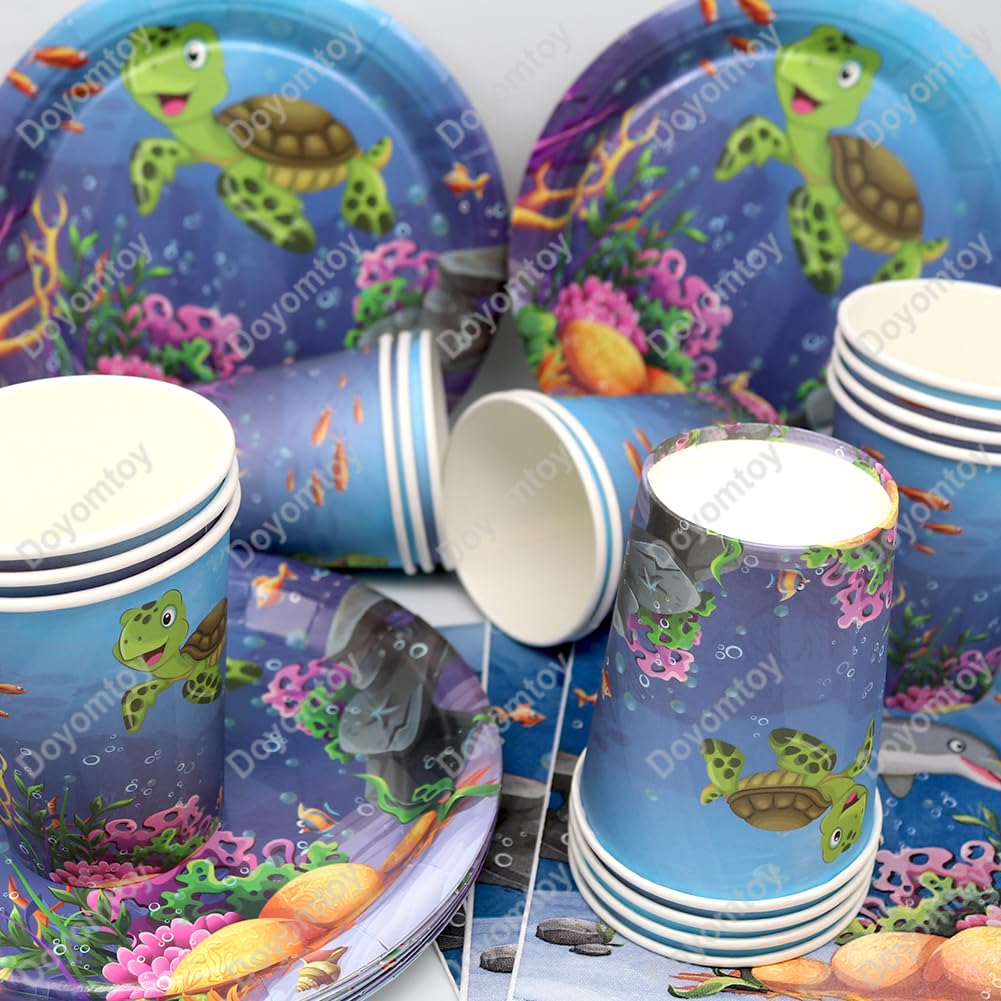 Doyomtoy Stoviglie per Feste Animali Marini, 53 Pezzi Decorazioni Compleanno Ocean Sea, Piatti, Tazze, Tovaglioli per Bambini