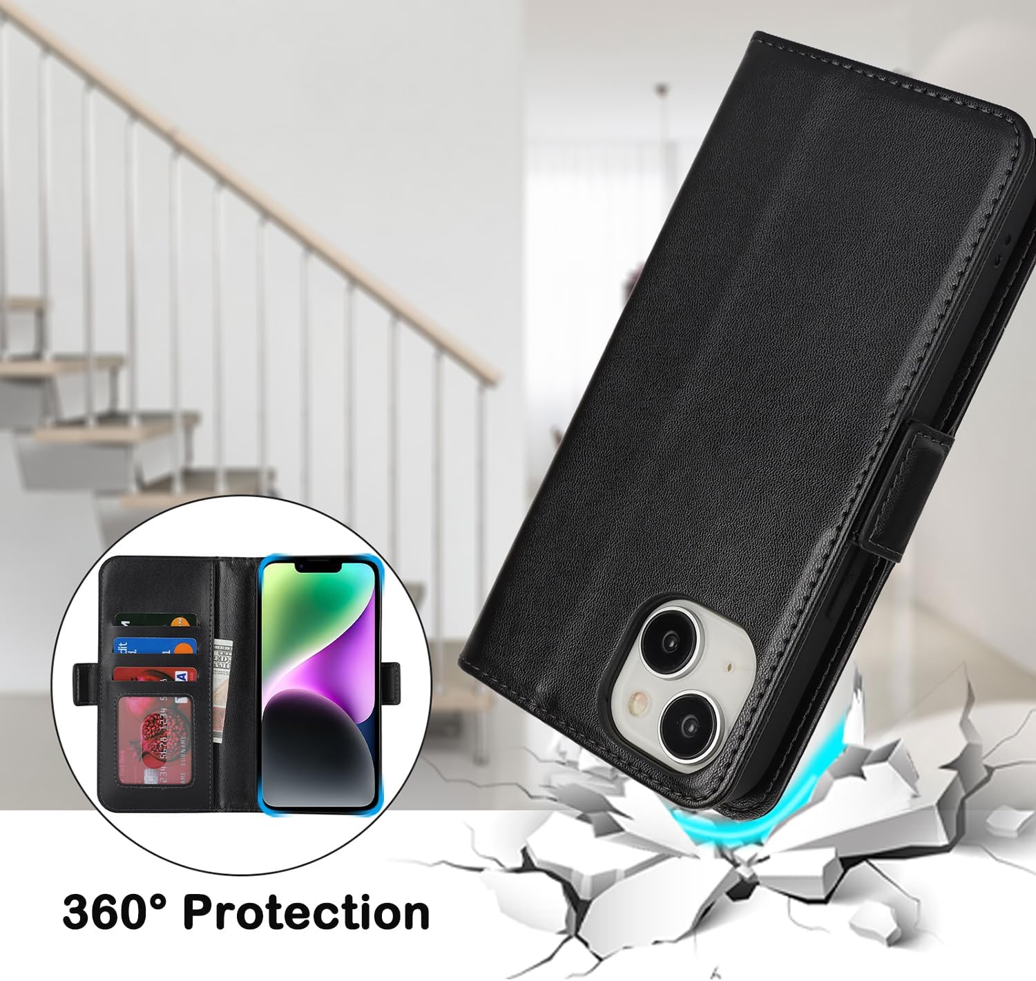 Ｈａｖａｙａ for iPhone 13 case with Card Holder Zipper for Women Men iPhone 14 case Wallet Flip Folio Credit Card Slots Stand Shockproof PU Leather Phone Cover(6.1")-Black