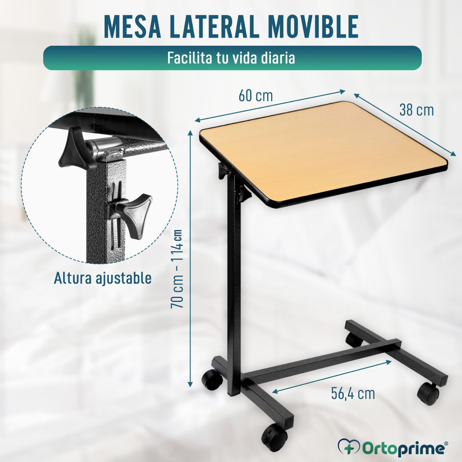 OrtoPrime Table d'appoint pliante avec roulettes - Table d'appoint Bois Salon canapé et lit - Table pliante portable - Table hôpital Manger aide plus âgés Lit et fauteuil roulant - Table à roulettes