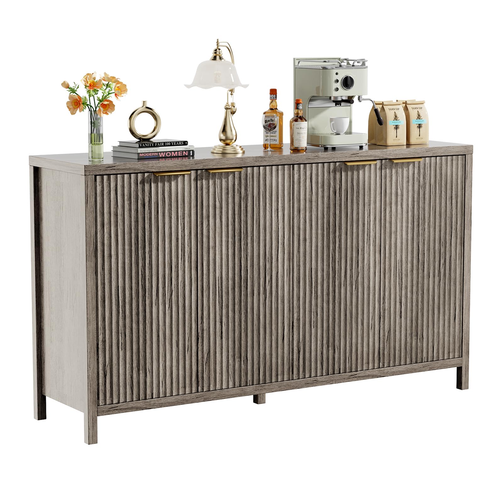 SEPTBOT Fluted Sideboard Buffet Cabinet, 55" Large Storage Buffet Cabinet with 4 Doors and Adjustable Shelves, Modern Sideboard Console Table for