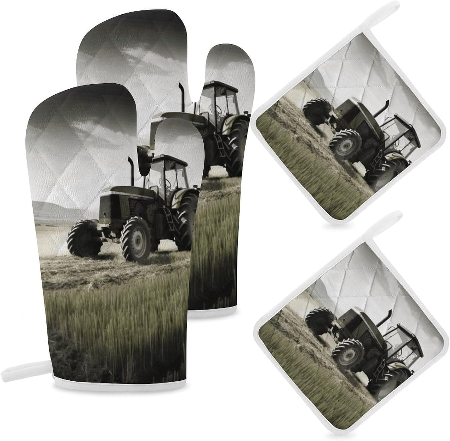 4-Piece Oven Mitts and Pot Holders Set Tractor Agriculture Tranquil Printed Heat-Resistant Polyester Kitchen Gloves and Potholders Comfortable & Durable for Cooking Baking and Grilling