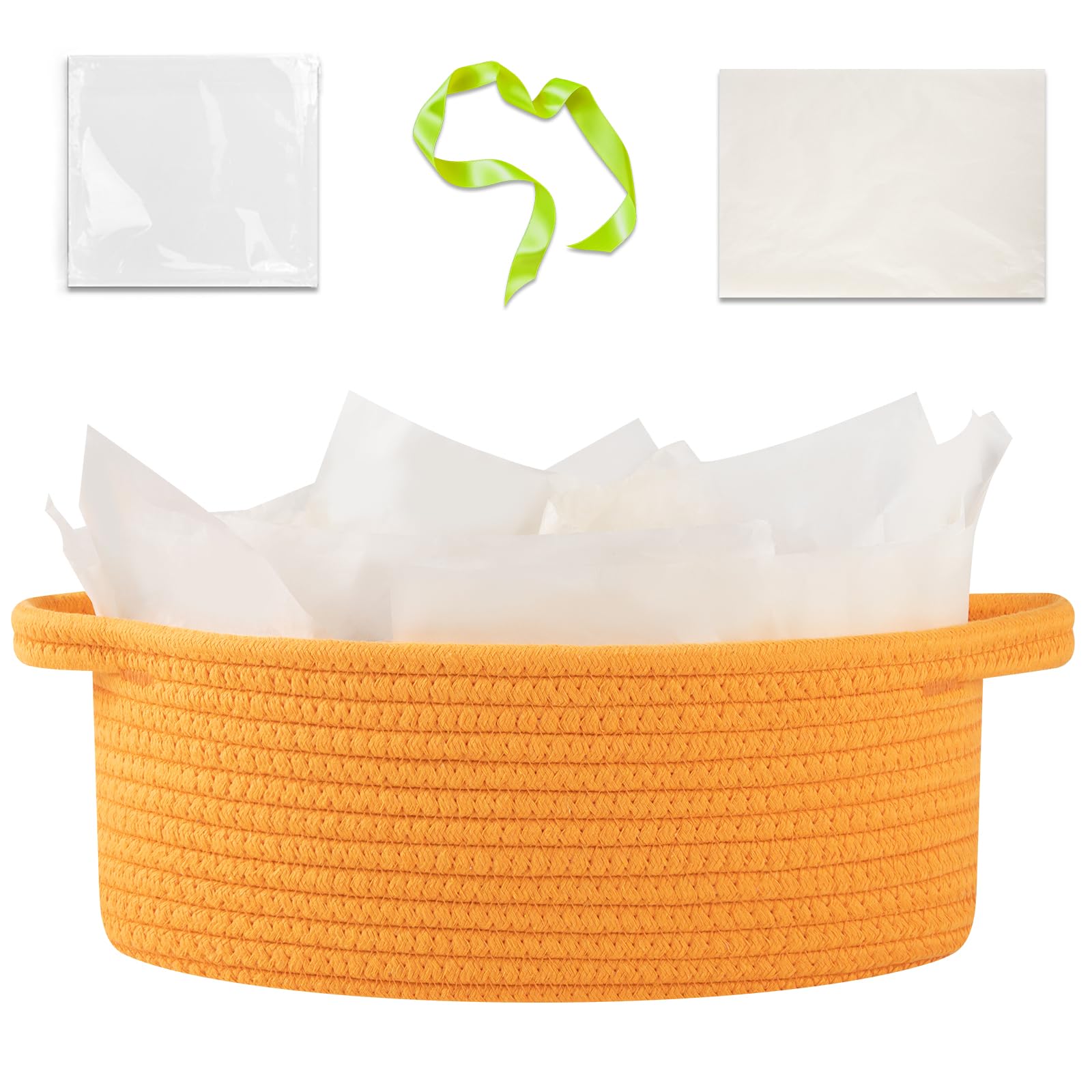 OIAHOMY Gift Basket with Handle, Small Woven Basket with Gift Bag, Ribbon and Wrap Tissue Paper, Nursery Bins Empty to Fill with Small Items, Baby, Pet Toy Organizer - Orange