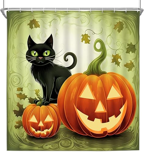Miniatura 6 de Cortinas de ducha de Halloween, diseño divertido de calabaza de dibujos animados naranja y gato negro, decoración de baño para niños, juego de