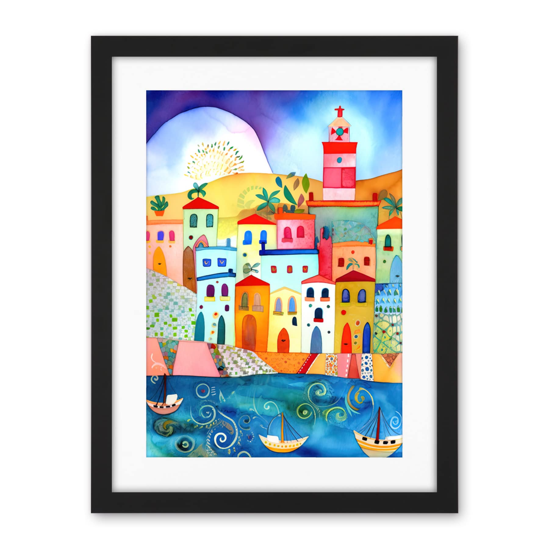 Artery8 Tunisia Seaside Town Folk Art Artwork Framed Wall Art Print 18X24 Inch