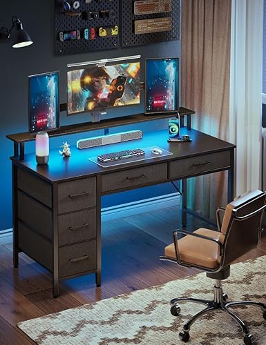 Miniatura 9 de Seventable Escritorio para computadora con tomas de corriente y luz LED, escritorio de oficina en casa de 47 pulgadas con 5 cajones, escritorio con