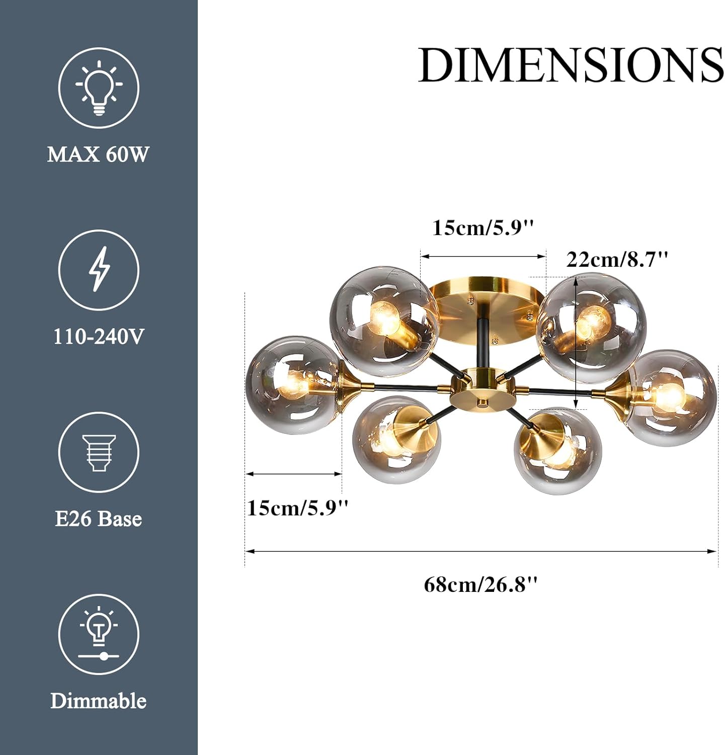 KCO Lighting 6-Light Modern Gold Globe Ceiling Light Brushed Brass Metal Close to Ceiling Lighting Fixture Bathroom Mid Century Smoke Gray Glass Shade Semi Flush Mount Sputnik Chandelier
