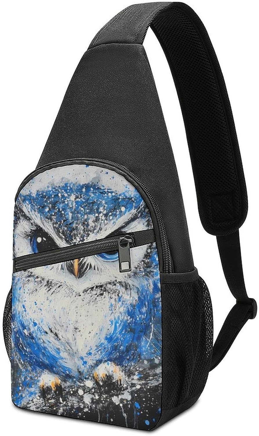 Blue Ink Art Owl Crossbody Sling Backpack Chest Bag Daypack | unisex,trendy,with convertible and detachable shoulder strap,side pockets