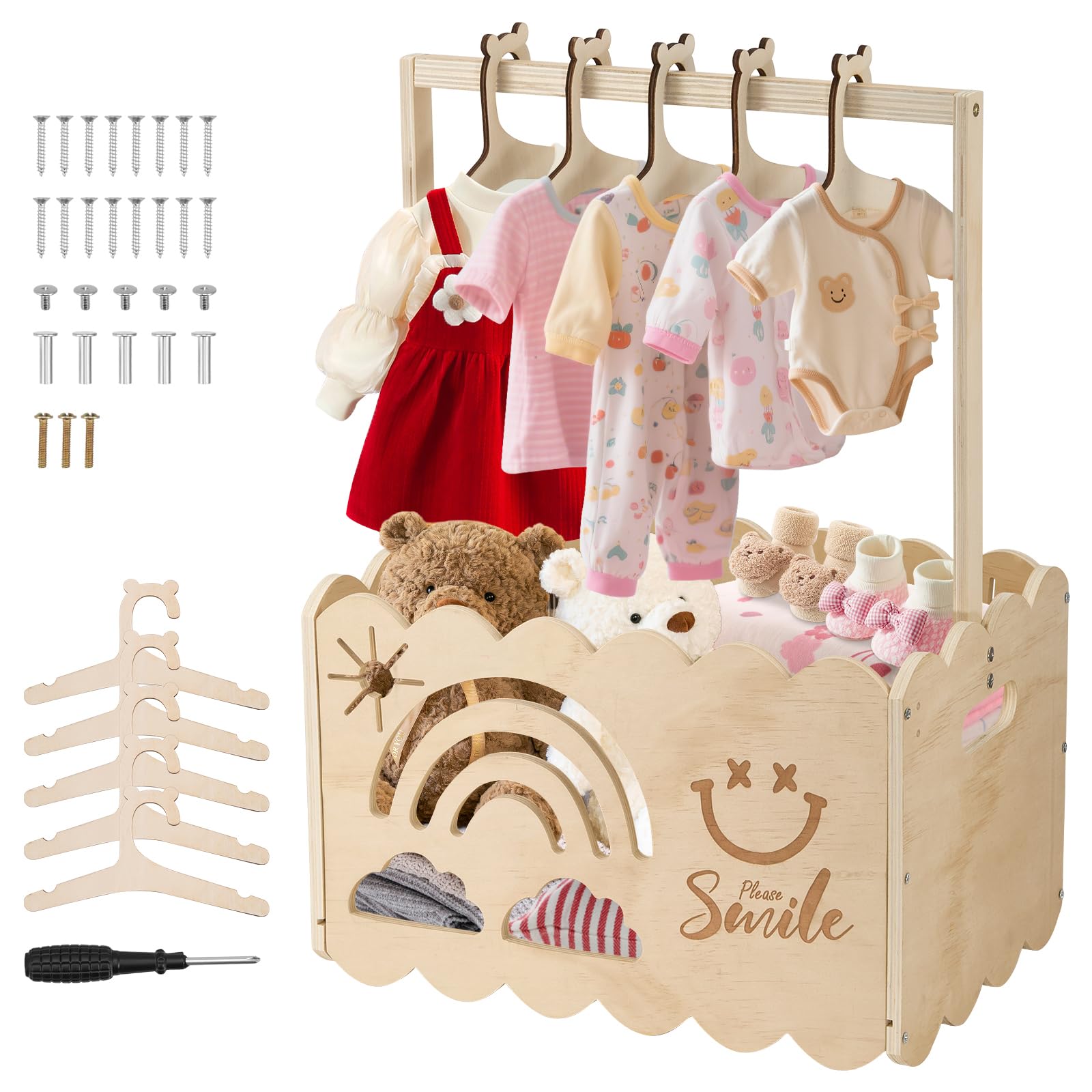 Neugeborenen Geschenkkorb,41X28X56cm babyparty geschenk mit Griff,Baby Geburt Korb für Mädchen, Junge, baby box mit 5 Kinder Kleiderbügel für schwangere neue Eltern Star Wood Lauflernwagen Holz