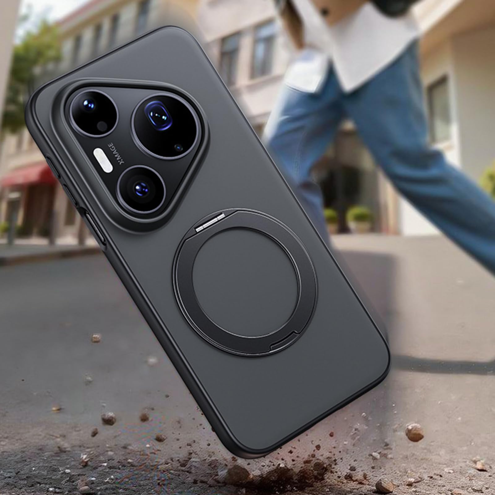 Magnetisch Hülle für Huawei Pura 90 Pro Max/90 Pro, Dünne Gefrostet rutschfeste Schutzhülle mit Drehbar Metall Ring Ständer Handyhülle,Schwarz,90 Pro Max