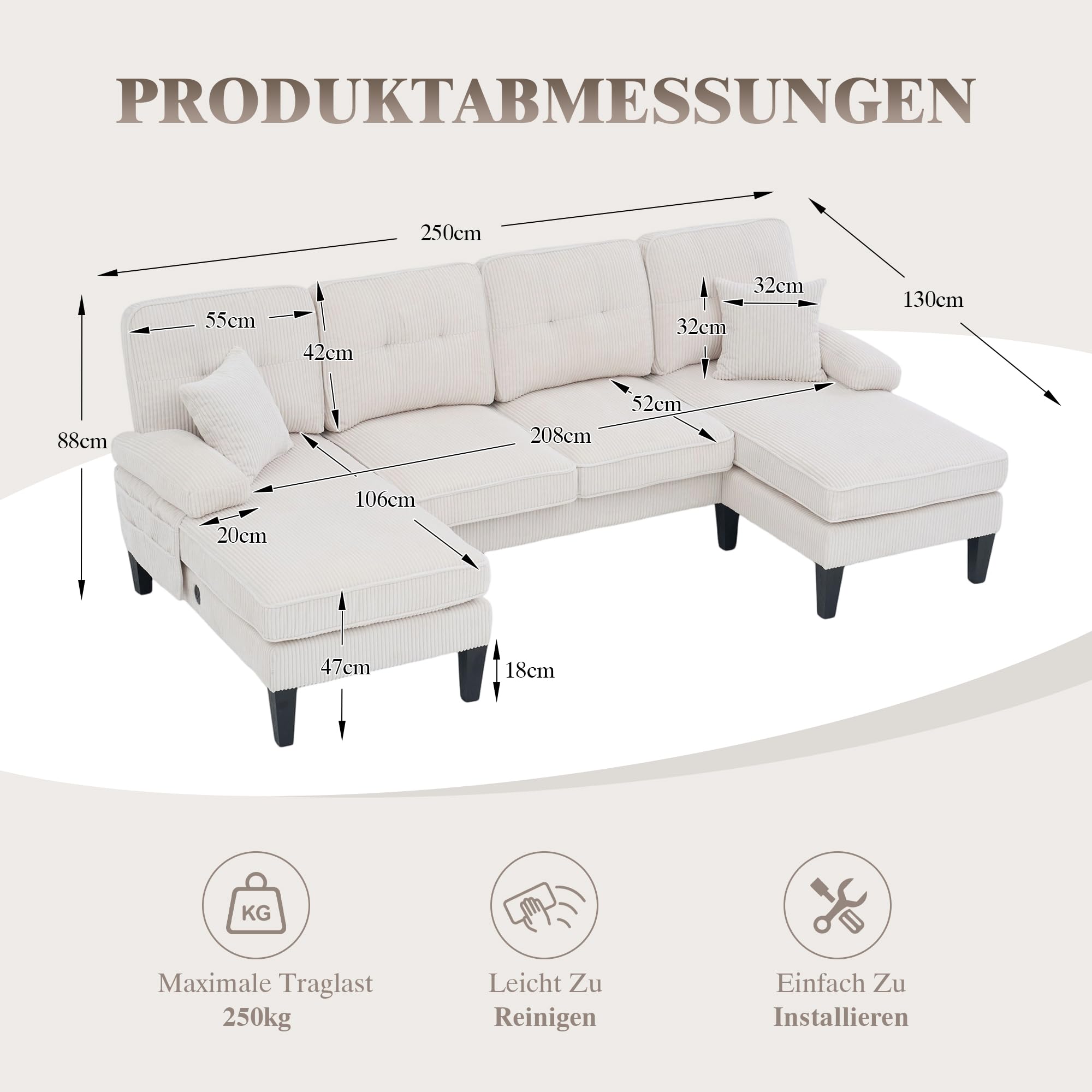 Canapé d'angle Convertible, Canapé 4 Places avec Méridiennes, Porte-Gobelets, Poches Latérales, Ports USB et Type-C, Tissu en Coton Lin, Canape en U pour Salon, Appartement