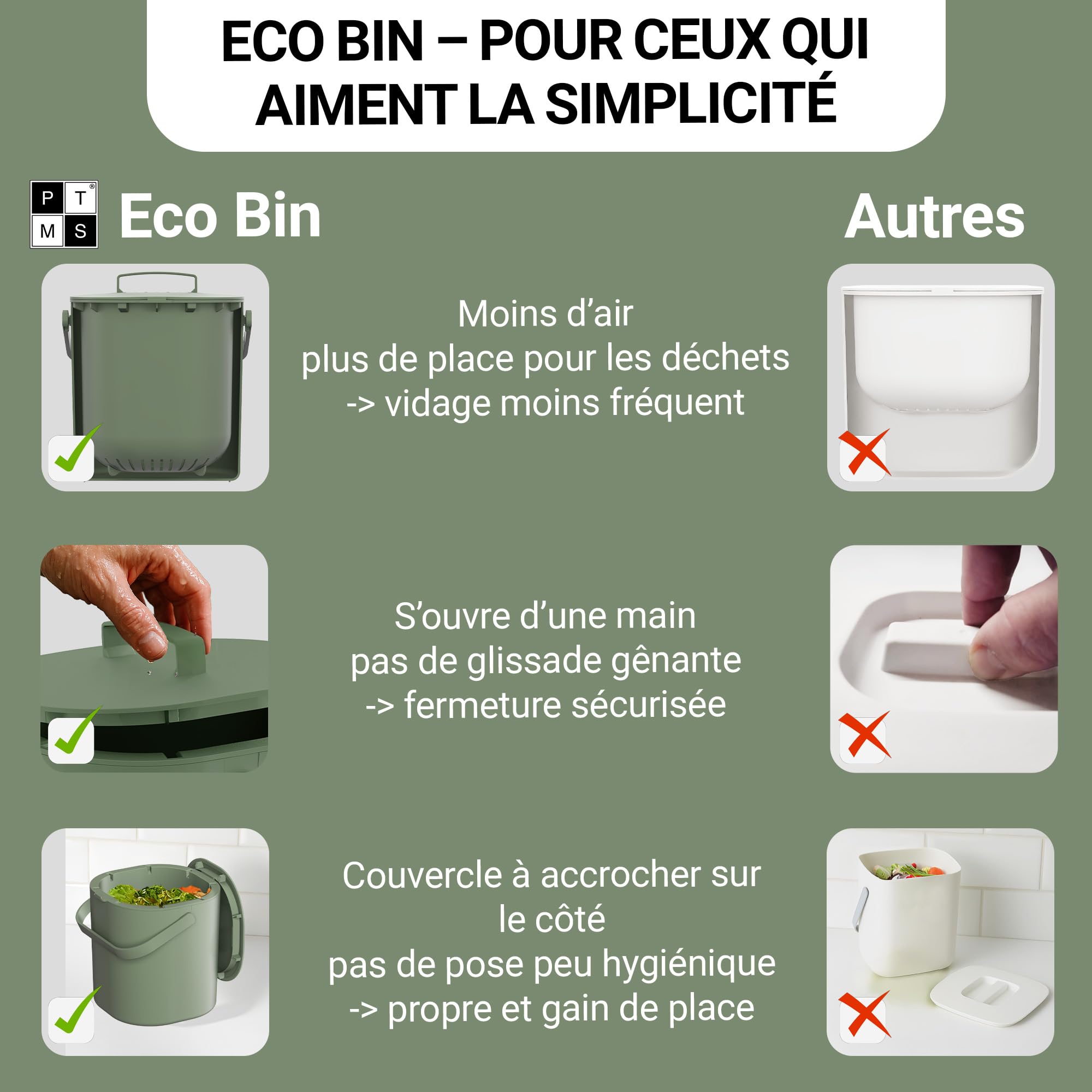 Poubelle Compost Cuisine 6L avec Couvercle et Grille - Lavable Lave-Vaisselle Anti-Odeur