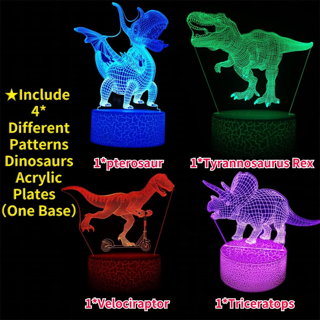 3D Hologram Dinosaur Night Light, 4 Patterns, Dimmable Remote/Smart Touch, 16 Color Changing Light, T-Rex Bedside Desk Lamp, Gift for Dinosaur Lovers