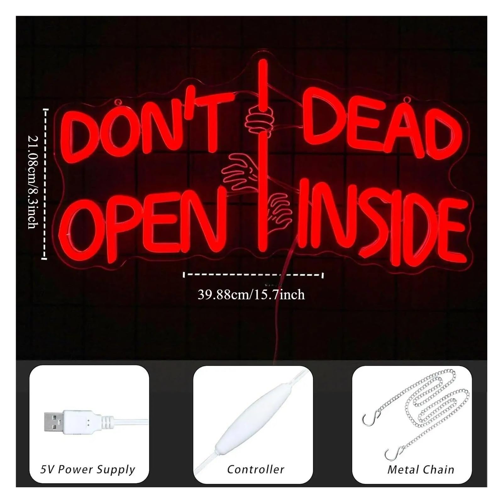 Insegna al Neon Insegna Al Neon Don't Open Dead Inside Dimmerabile | Luce LED A Tema Zombie Per La Stanza Dell'orrore Decorazioni Feste Gotiche 39.88cmx21.08cm