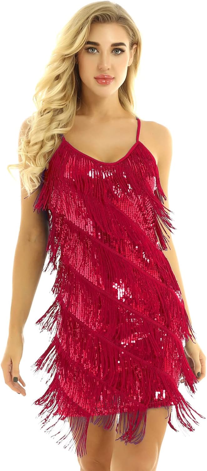 Yartina Women's Sequin Fringe Latin Dance Dress 1920s Flapper Vintage Dress Cocktail Party Ballroom Dancewear Costume