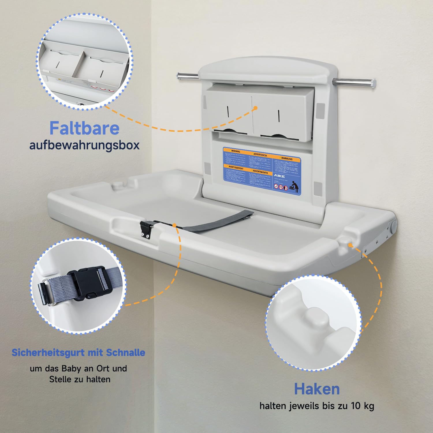 AIKE Kommerzielle Babywickelstation, Horizontal Wandmontiert Klappbar, CPC-konform, (Grauweiß)