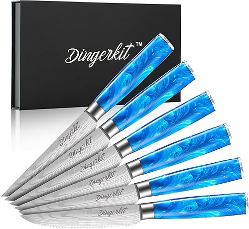 Dingerkit Juego de 4 cuchillos para carne, cuchillos dentados hechos de acero de alto carbono, juego de cuchillos negros para carne, juego de