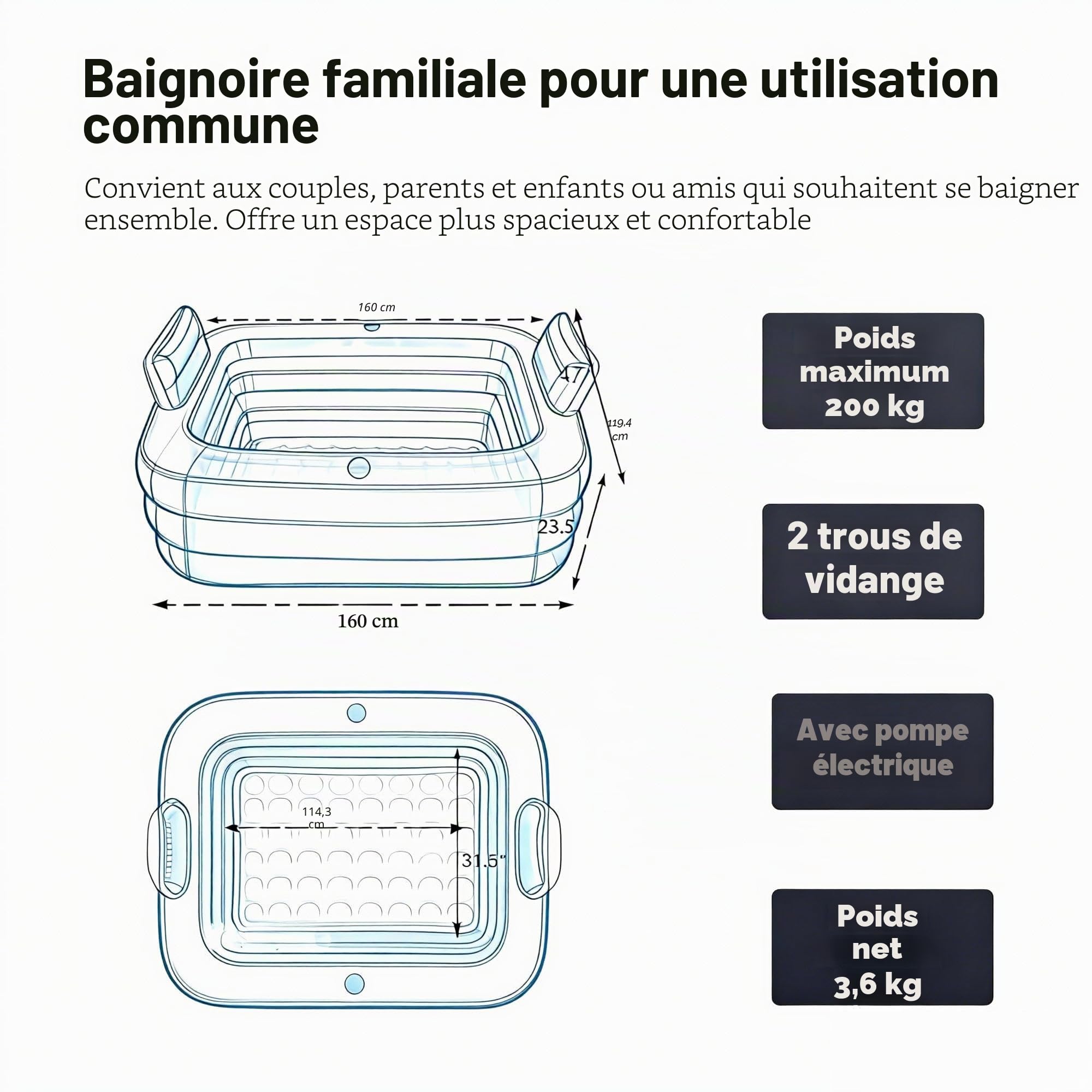 Baignoire gonflable pour adultes – Stable et étanche, baignoire SPA mobile pliable avec pompe électrique, PVC épais, idéale pour le bain de glace et la relaxation (jardin, balcon, douche)