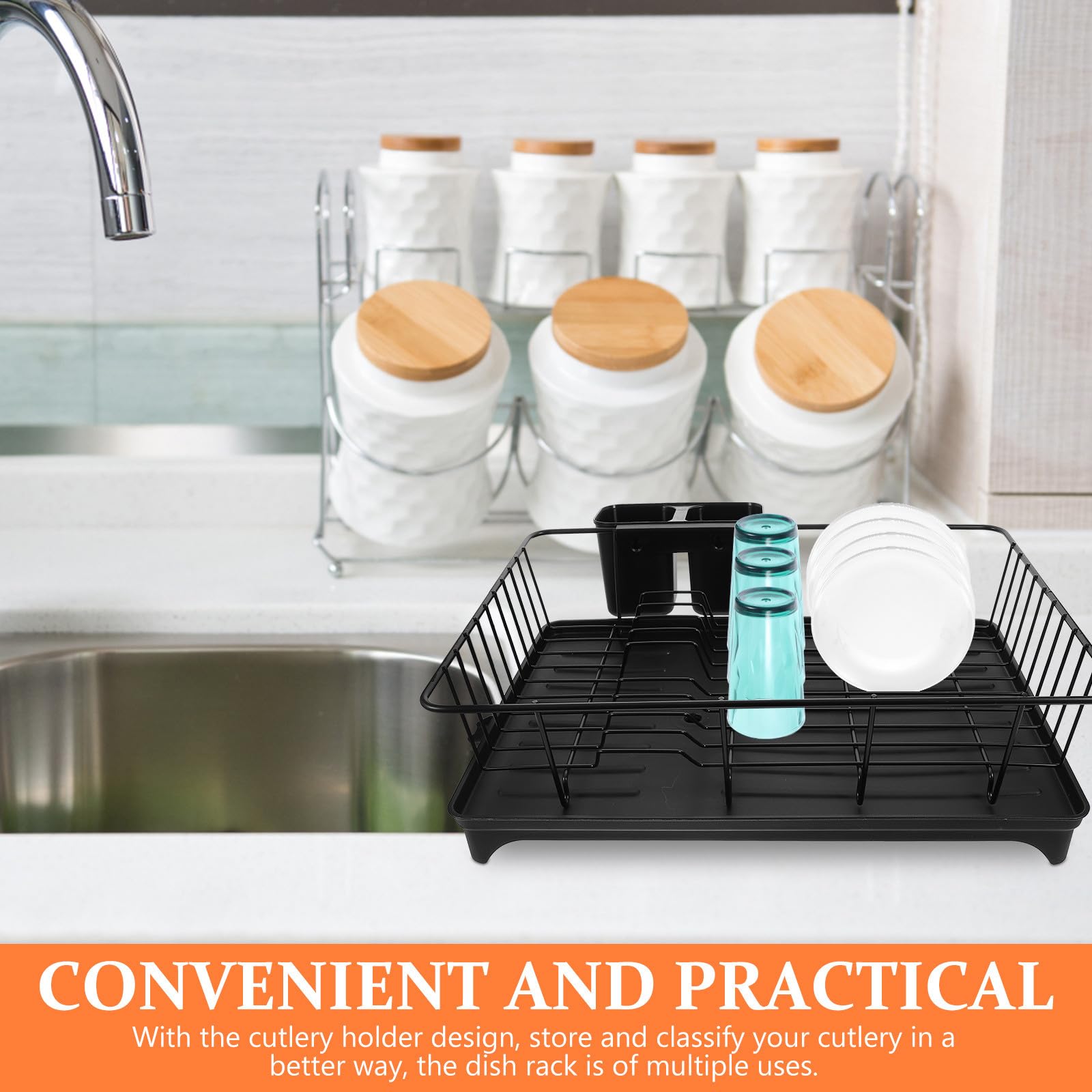 Escurreplatos Grande Negro Sistema de Drenaje Automático, Soporte para Cubiertos y Estante para Cuencos, Organizador de Encimera para Secar Platos y Utensilios de Cocina