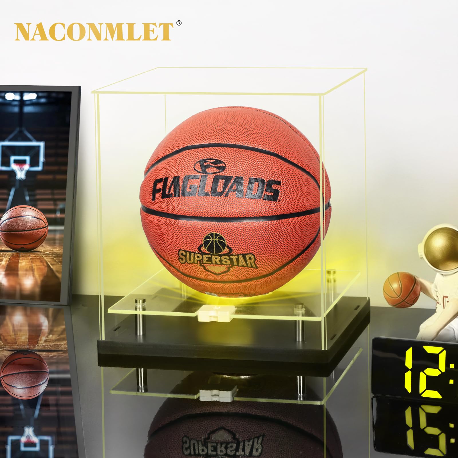 Basketball Acryl Vitrine mit LED, Vitrine Schaukasten mit Ständer, UV-Schutz, Transparente Display Case Box für Signierten Basketball Sammlerstücke, Sport-Erinnerungsstücke-28x28x30cm