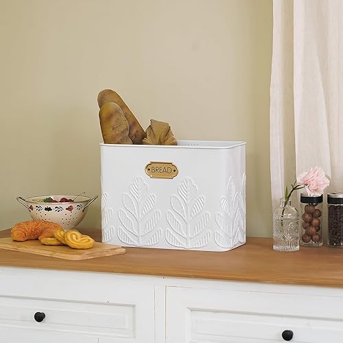 Miniatura 2 de NIKKY HOME Caja de pan blanca extragrande que ahorra espacio con tapa de madera, capacidad para 2 panes, contenedor vertical para almacenamiento de